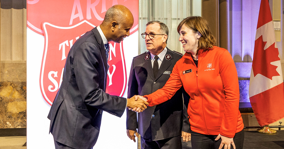 Commissioner Floyd Tidd and Amy Fisher, housing consultant, social mission department, greet the Honourable Ahmed Hussen, minister of housing and diversity and inclusion (Photo: Just Joy Imaging)