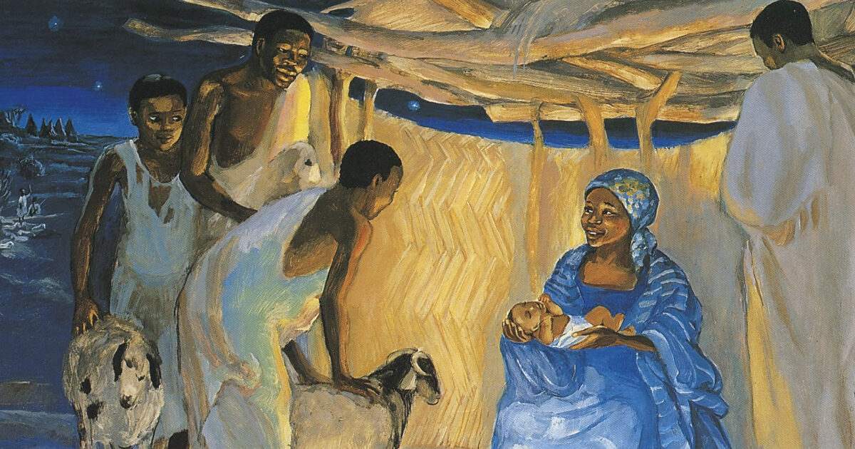 An artistic interpretation of the birth of Jesus with shepherds by a Christian community in Cameroon, Africa