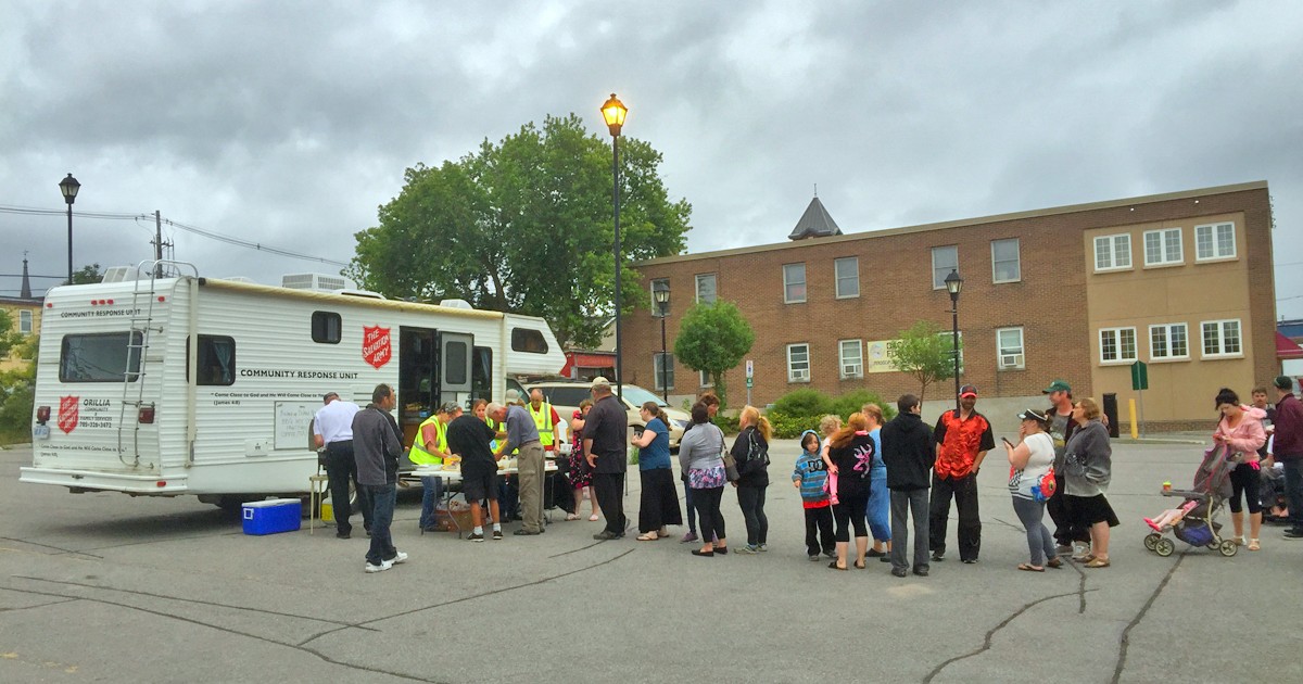 A parked Salvation Army emergency disaster services truck serves meals in Orillia, Ont.