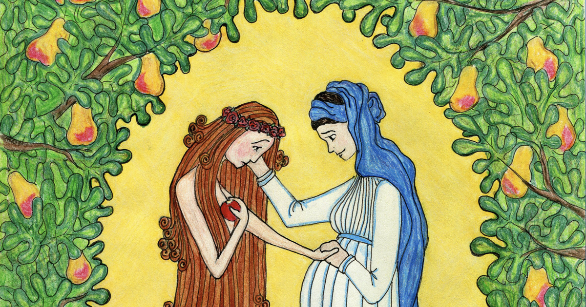 Mary and Eve stand together in a garden in this illustration by Sister Grace Remington, OCSO